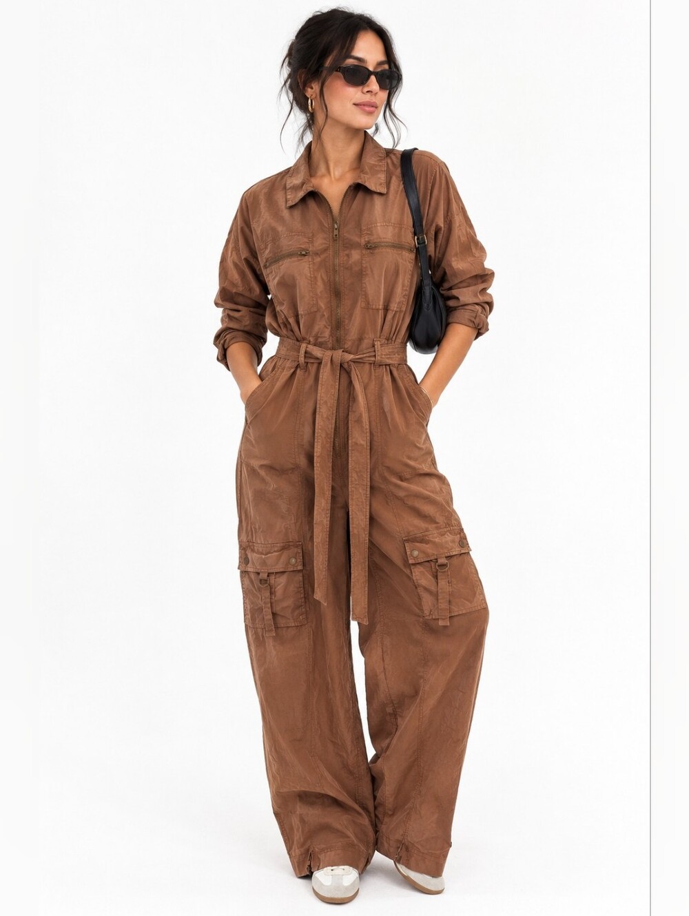 PISTOLA Aidy Cargo Jumpsuit Utility Romper Belted Brown Tan Sz Small Boho Fall